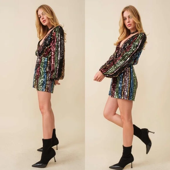 Turn Up The Volume Multicolor Sequin Striped Romper - Picture 7 of 7